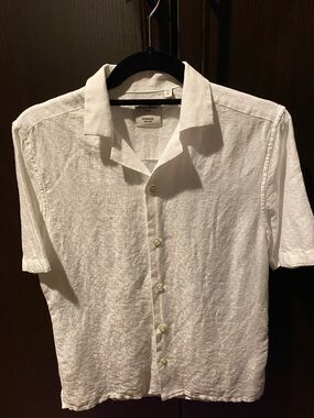 Murano White Short-Sleeve Linen-Camp Collar Button Down Shirt